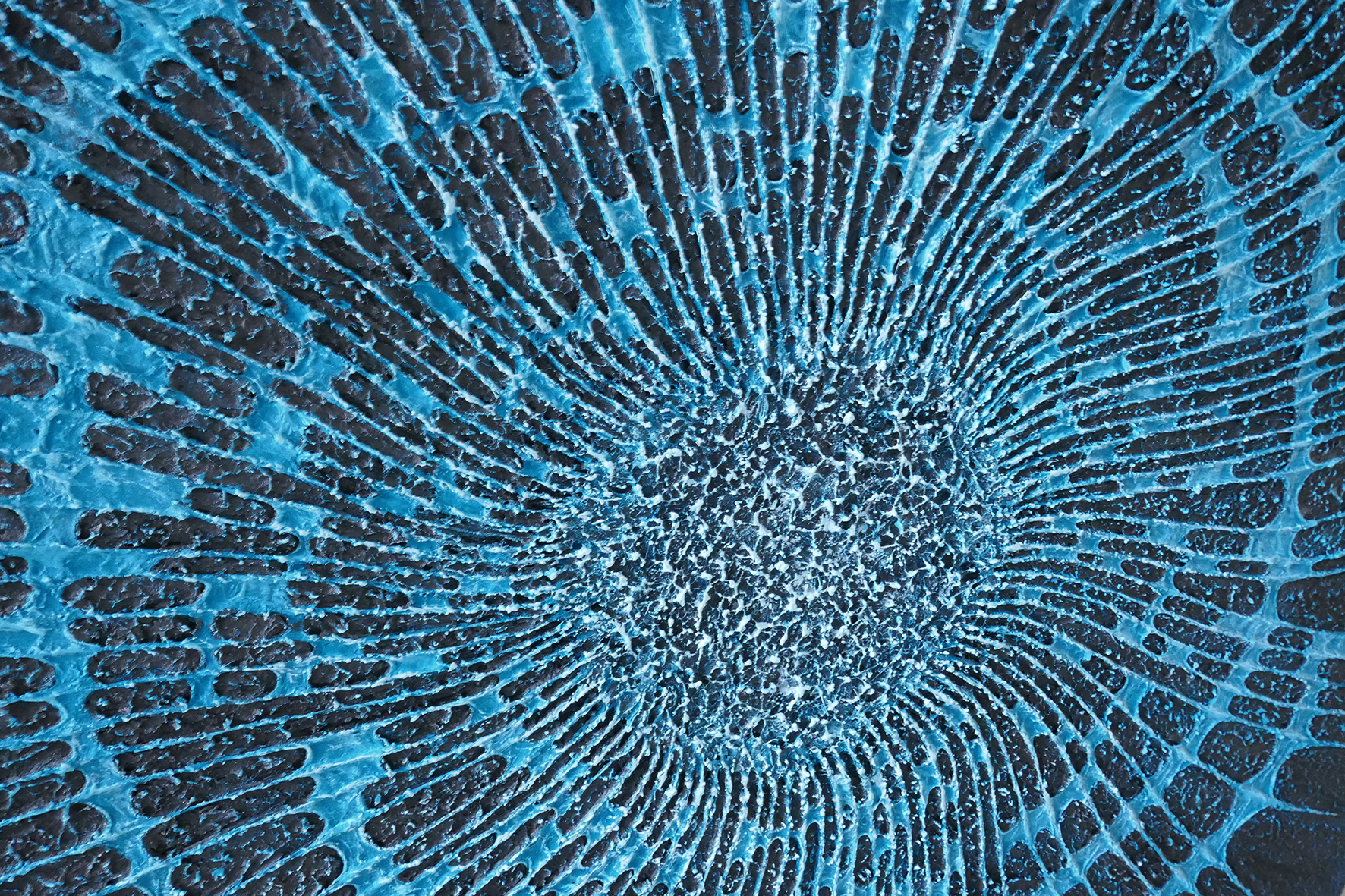 Lignes rayonnantes et matière du tableau Empreinte Cyane – Natacha Gillot