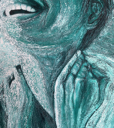 Détail turquoise et matière du tableau La Joie – Natacha Gillot