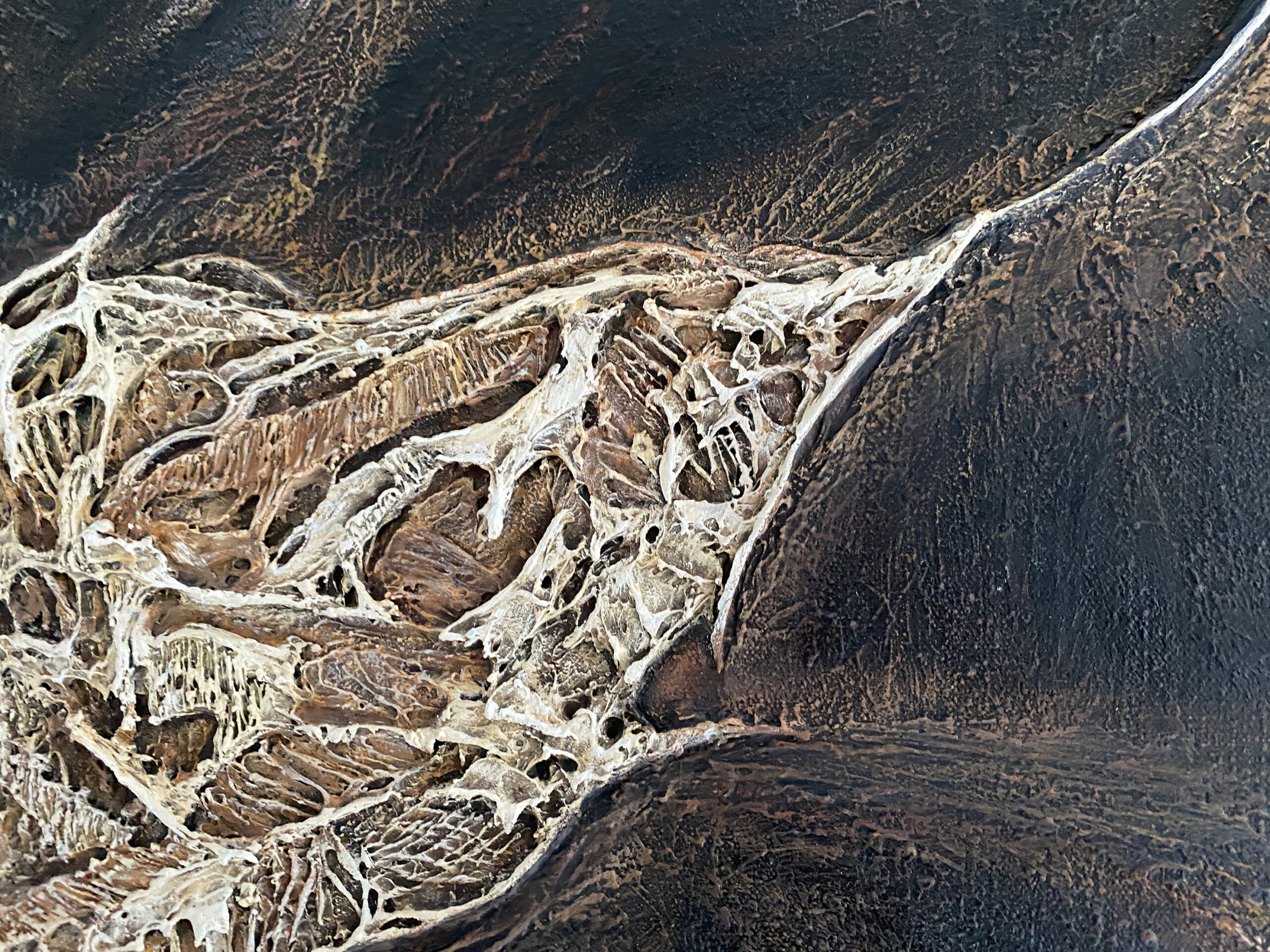 Matière brune et reliefs du tableau Empreinte Empyrée – Natacha Gillot