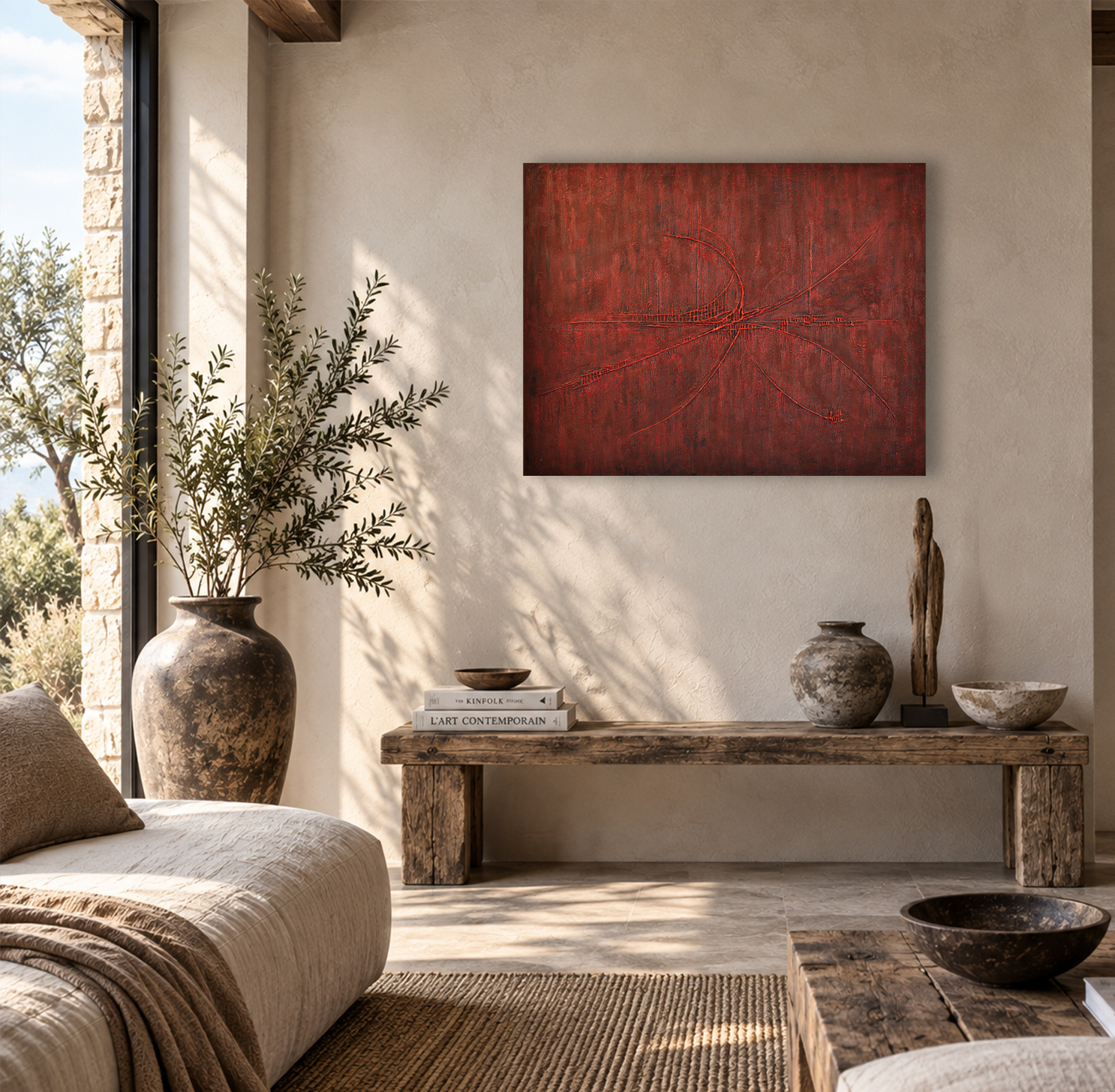 Empreinte Chinoise – tableau abstrait rouge dans un intérieur contemporain
