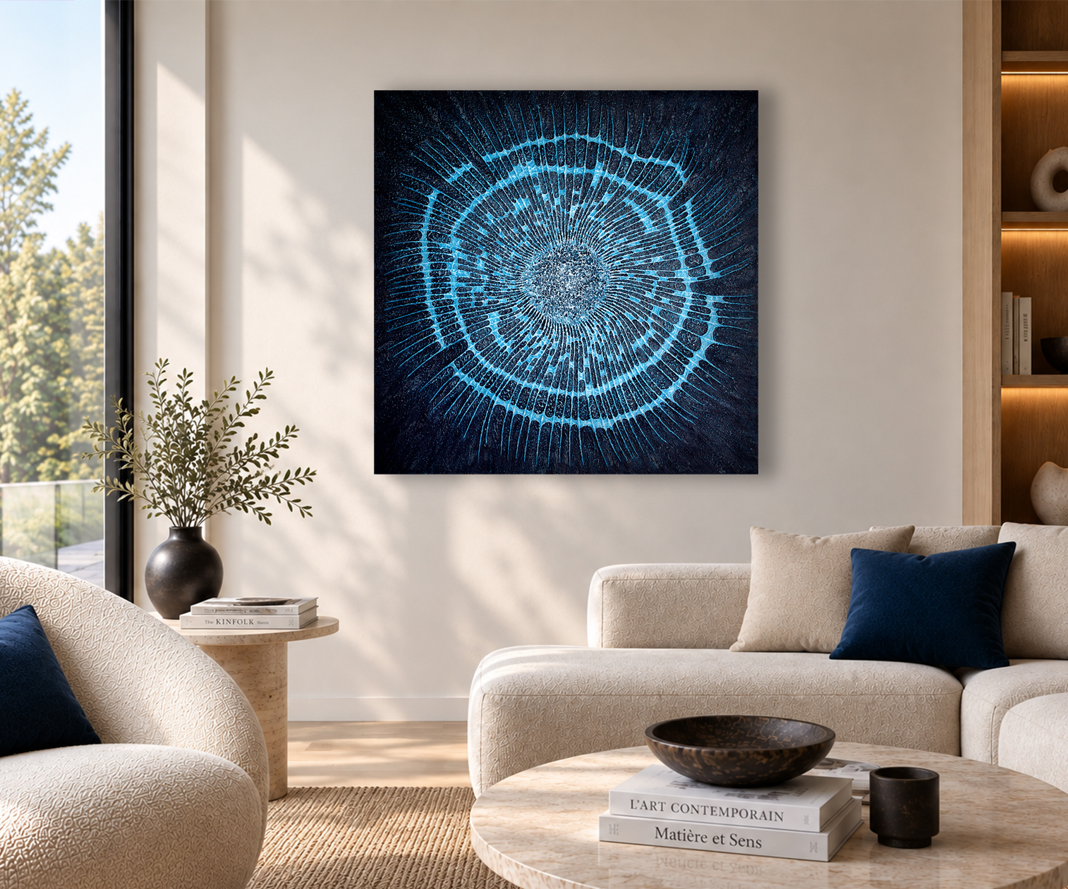 Empreinte Cyane – tableau abstrait bleu dans un intérieur contemporain