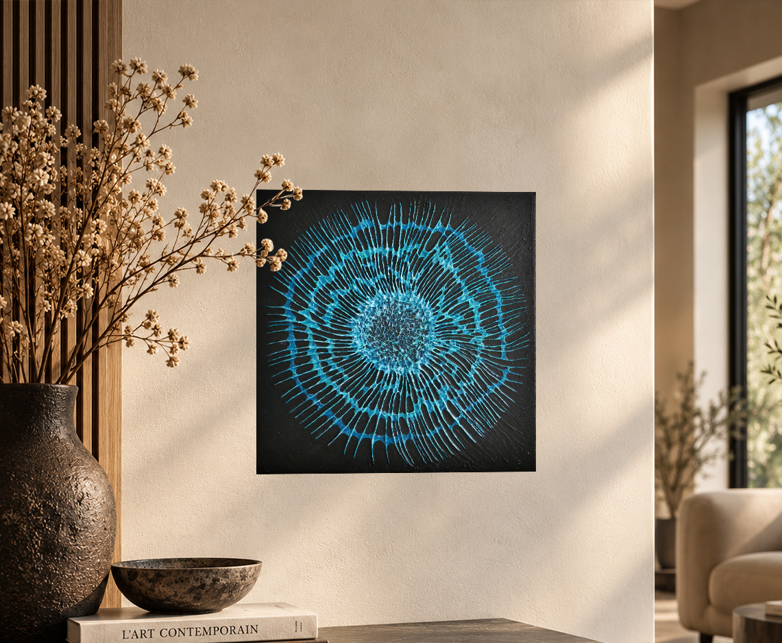 Empreinte Éclat de bleu – petit tableau abstrait dans un intérieur contemporain