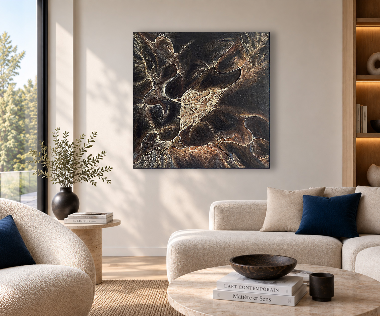 Empreinte Empyrée – tableau abstrait brun dans un intérieur contemporain