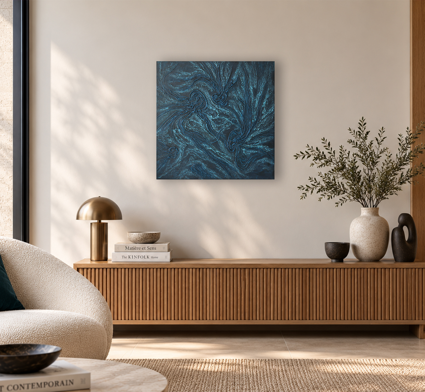 Empreinte Aigue-marine – tableau abstrait bleu dans un intérieur contemporain