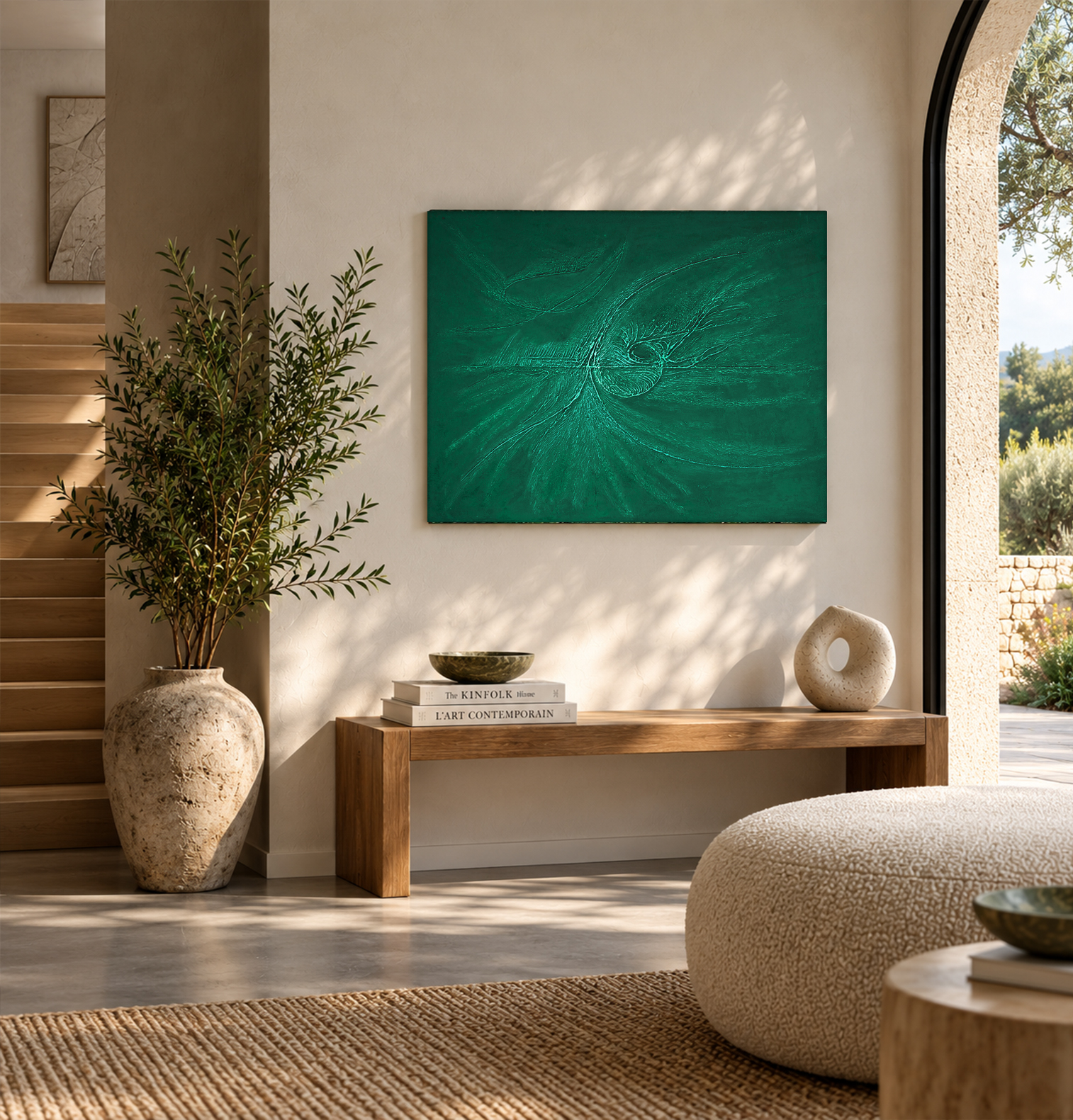 Empreinte Océane – tableau abstrait vert dans un intérieur contemporain