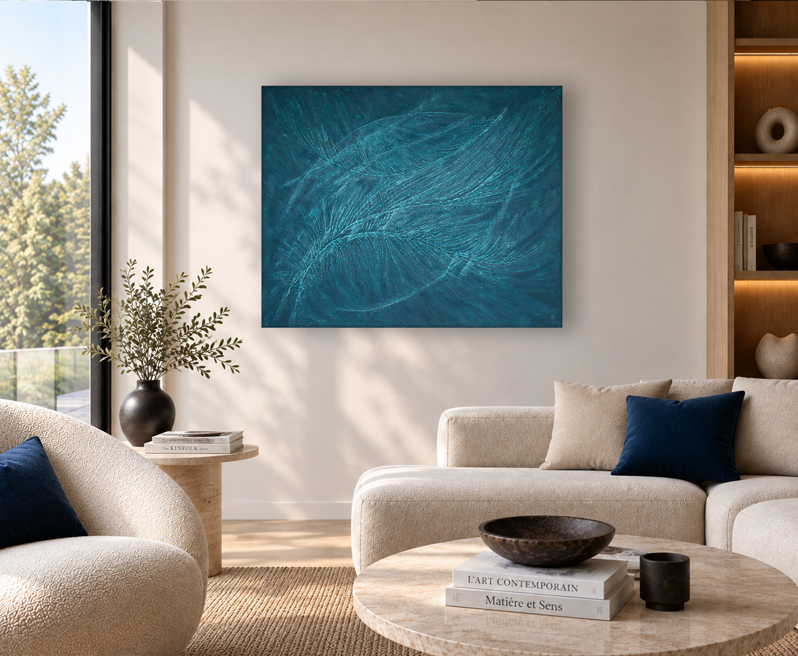 Empreinte Persane – tableau abstrait bleu dans un intérieur contemporain