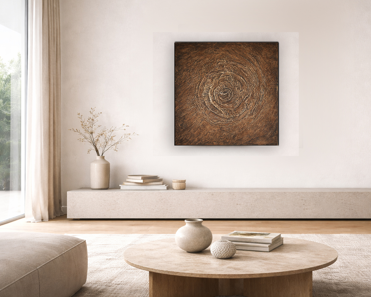 Empreinte Bronze – tableau abstrait en relief dans un intérieur contemporain