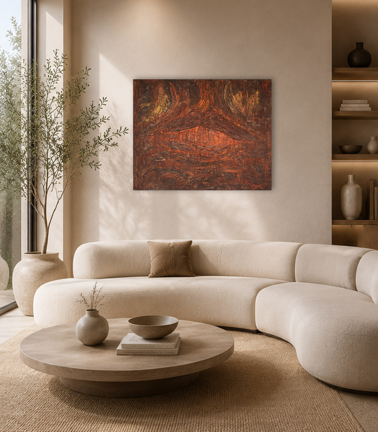 Empreinte brulée tableau abstrait contemporain dans un intérieur moderne