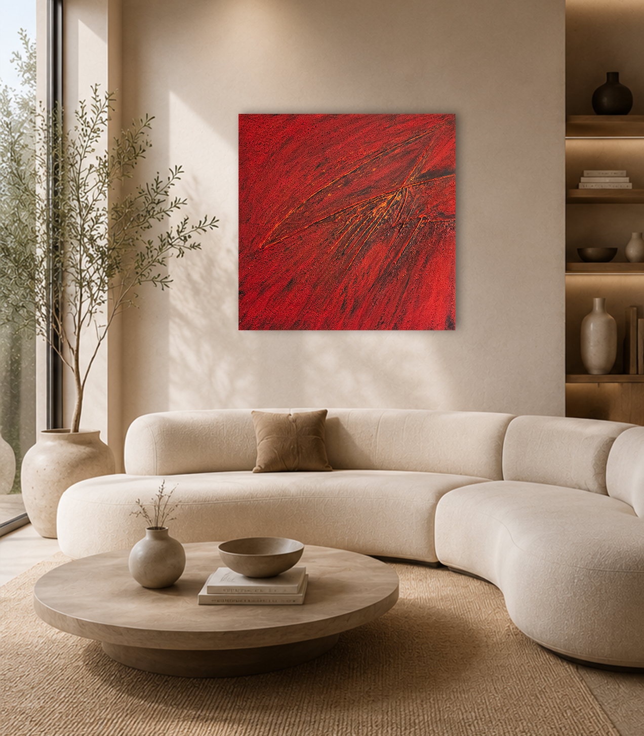 Tableau abstrait rouge Empreinte Écarlate dans un intérieur contemporain