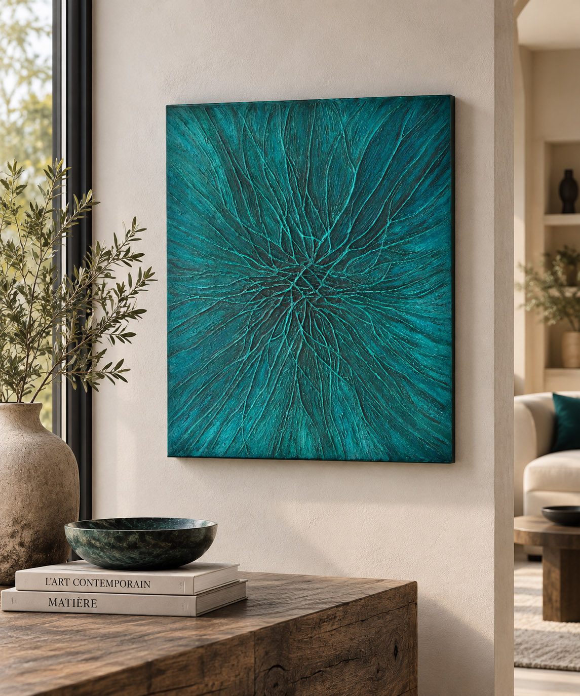 Empreinte Émeraude – tableau abstrait vert en relief dans un intérieur contemporain