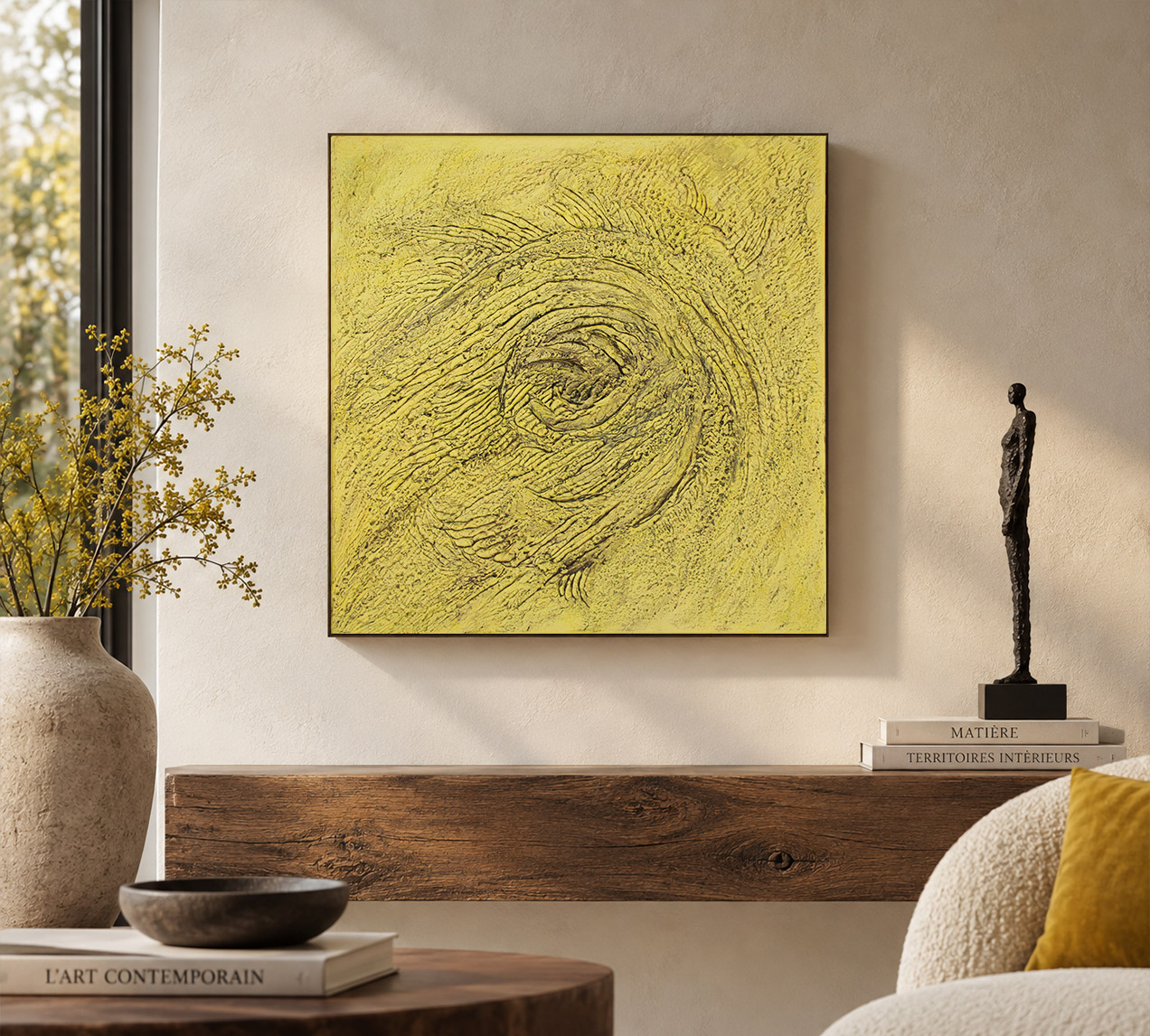empreinte de soufre – tableau abstrait contemporain dans un intérieur moderne